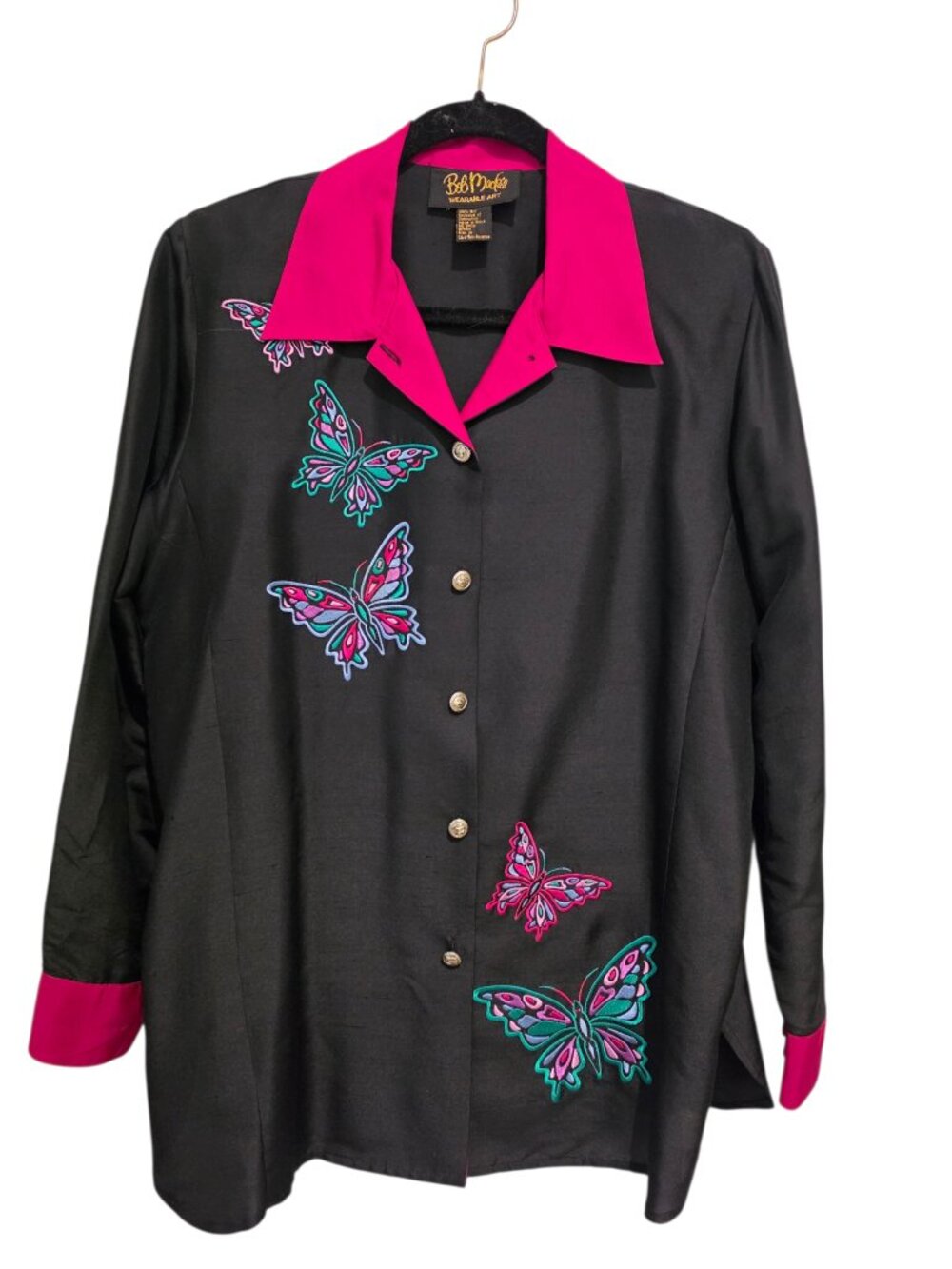 Vintage Bob Mackie Wearable Art Silk Butterfly Embroidered Black Pink Top Size M